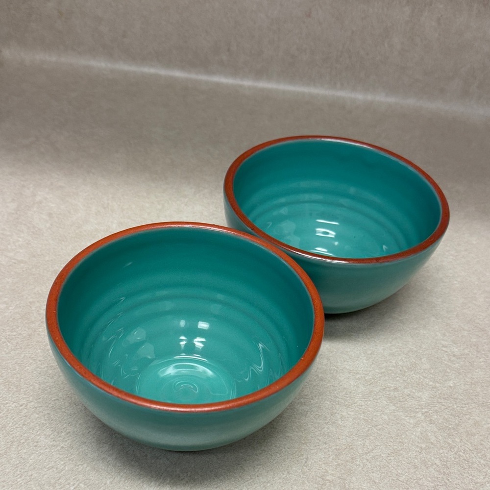 Teal Ceramic Bowls with Brown Rim B/F made in Portugal plsncha